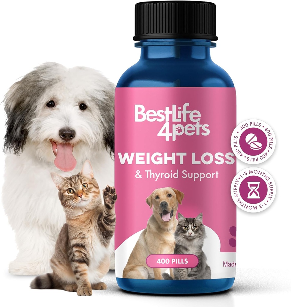 Peso & soporte tiroides para perros y gatos, solución natural para el control del hambre, apoyo metabolismo, función tiroidea óptima, pérdida efectiva del peso del perro y gato, 400 píldoras sin olor, sin sabor