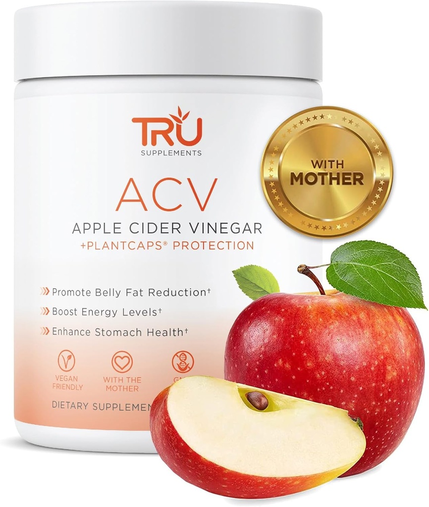TRU Suplementos ACV, vinagre de manzana, ACV orgánico con la madre, mejora la digestión y la salud de la piel, 45 Servimientos, 1000 mg