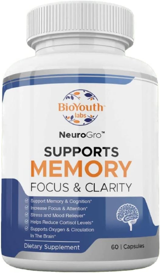Laboratorios NeuroGro Natural Suplemento Cerebro para Adultos, 60 cápsulas - Nutritious Blend of Bacopa Monnieri, Ginkgo biloba, Melissa Officinalis " Citicoline for Brain Focus " Memory