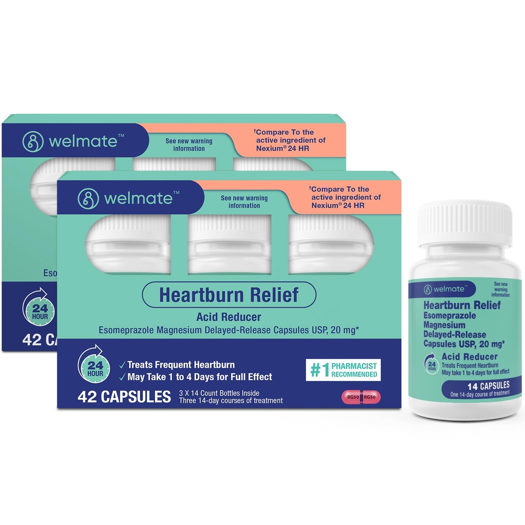 WELMATE - Esomeprazole Magnesium 20 mg - Heartburn Medicine - Acid Reducer - Delayed Release Heartburn Relief - 24hr Protection - for Men &amp; Women - 84 cápsulas - 2 Pack