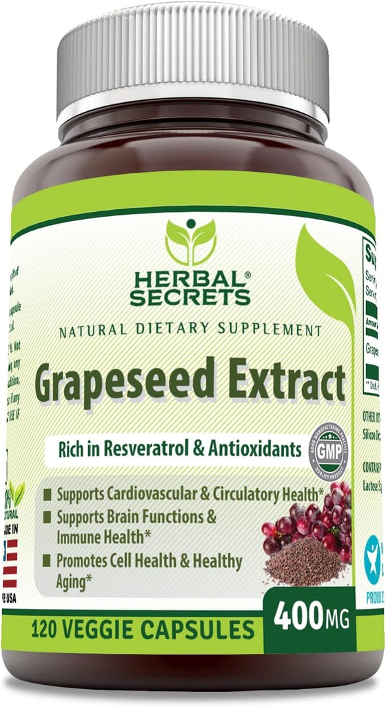 Herbal Secrets Grapeseed Extract 400 mg 120 Veggie Capsules Suplemento - Non-GMO - Gluten Free