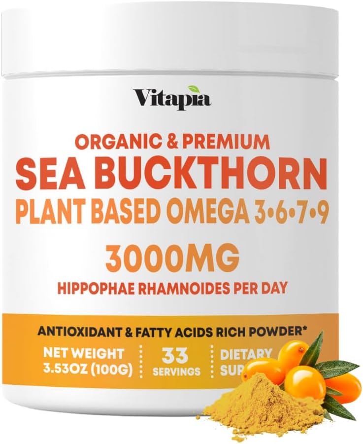 Organic Sea Buckthorn Extract Powder with Natural Omega 7 & Omega 3 6 9 for Heart Health, Skin, Immune Support - 100g Powder Supplement & 33 Day Supply - Non-GMO, Gluten-Free, Vegan-Friendly