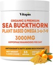Orgánica Sea Buckthorn Extract Powder con Omega Natural 7 &amp; Omega 3 6 9 para la salud del corazón, la piel, el soporte inmunológico - 100g Powder Suplemento &amp; 33 Day Supply - Non-GMO, Gluten-Free, Vegan-Friendly