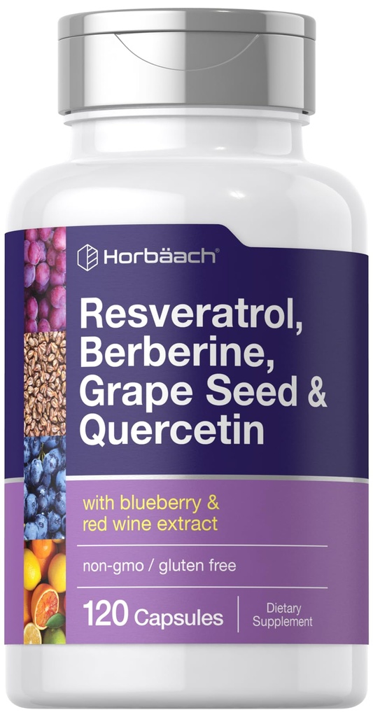 Horbäach Resveratrol Berberine Grape Seed " Quercetin ← Blueberry & Red Wine Extract  120 Capsules ← Non-GMO, Gluten Free " Vegetarian Supplement