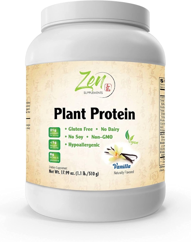 Suplementos Zen - Proteína vegetal-Vanilla 510G 1.1LB-Powder- 25 Gramos de Protein Por Serving -Vegan, Carbs bajos netos, no lácteos, libres de lactosa, sin azúcar añadido, soy libre, Kosher, no GMO