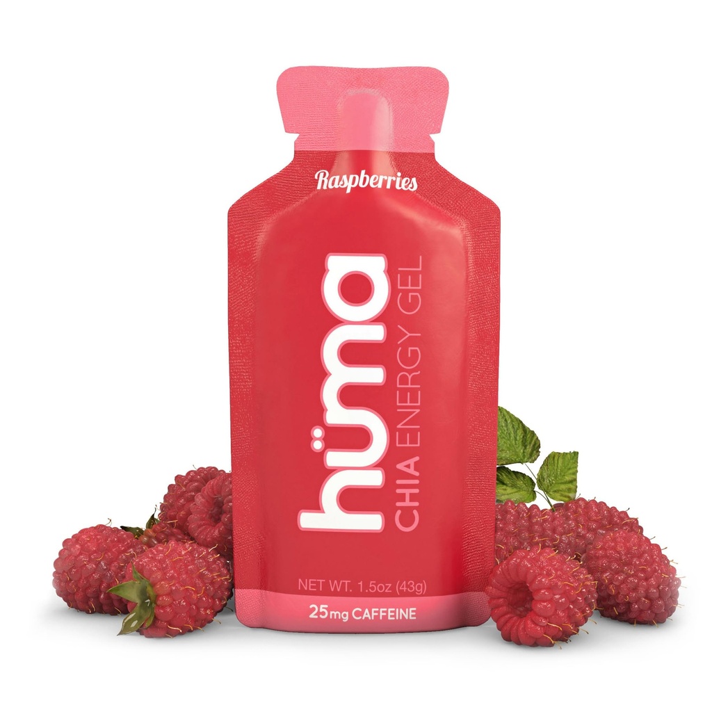 Huma Chia Energy Gel, Raspberries, 12 Gels, 25mg Caffeine per Packet - Premier Sports Nutrition for Endurance Exercise