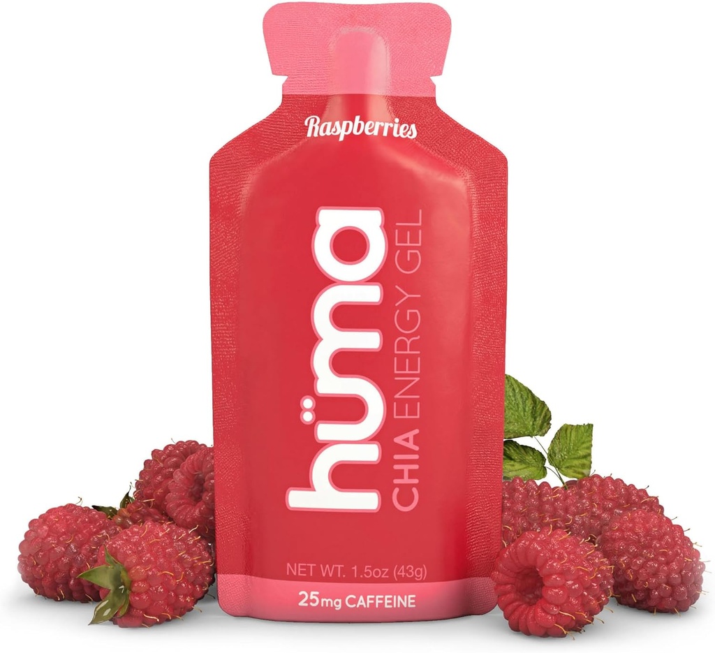 Huma Chia Energy Gel, Raspberries, 12 Gels, 25mg Caffeine por Packet - Premier Sports Nutrition for Endurance Exercise