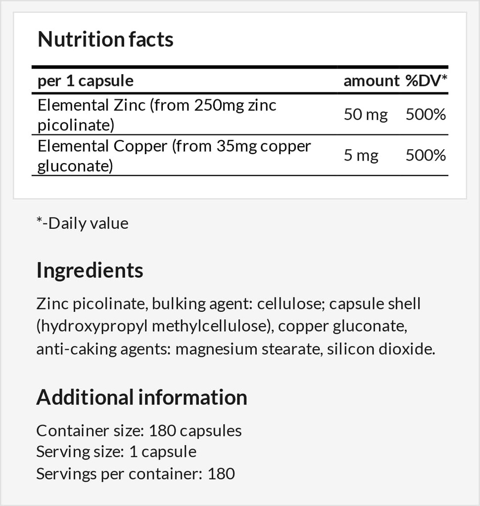 Z-Balance - Zinc 50mg + Cooper 5mg - 180 cápsulas Vegan - 6 meses de suministro - Zinc picolante y Cooper gluconate Suplemento para el cabello sano, la piel y las uñas - por la hegemonía de Apolo