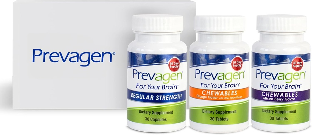 Prevagen Variety Pack - 90 Conde (3 Mes de Suministro) ← Cápsulas de Fuerza Ordinaria, Chewables de Berry mixtos y Chewables Naranjas ANTE 10 mg de Apoaequorin Plus Vitamina D3