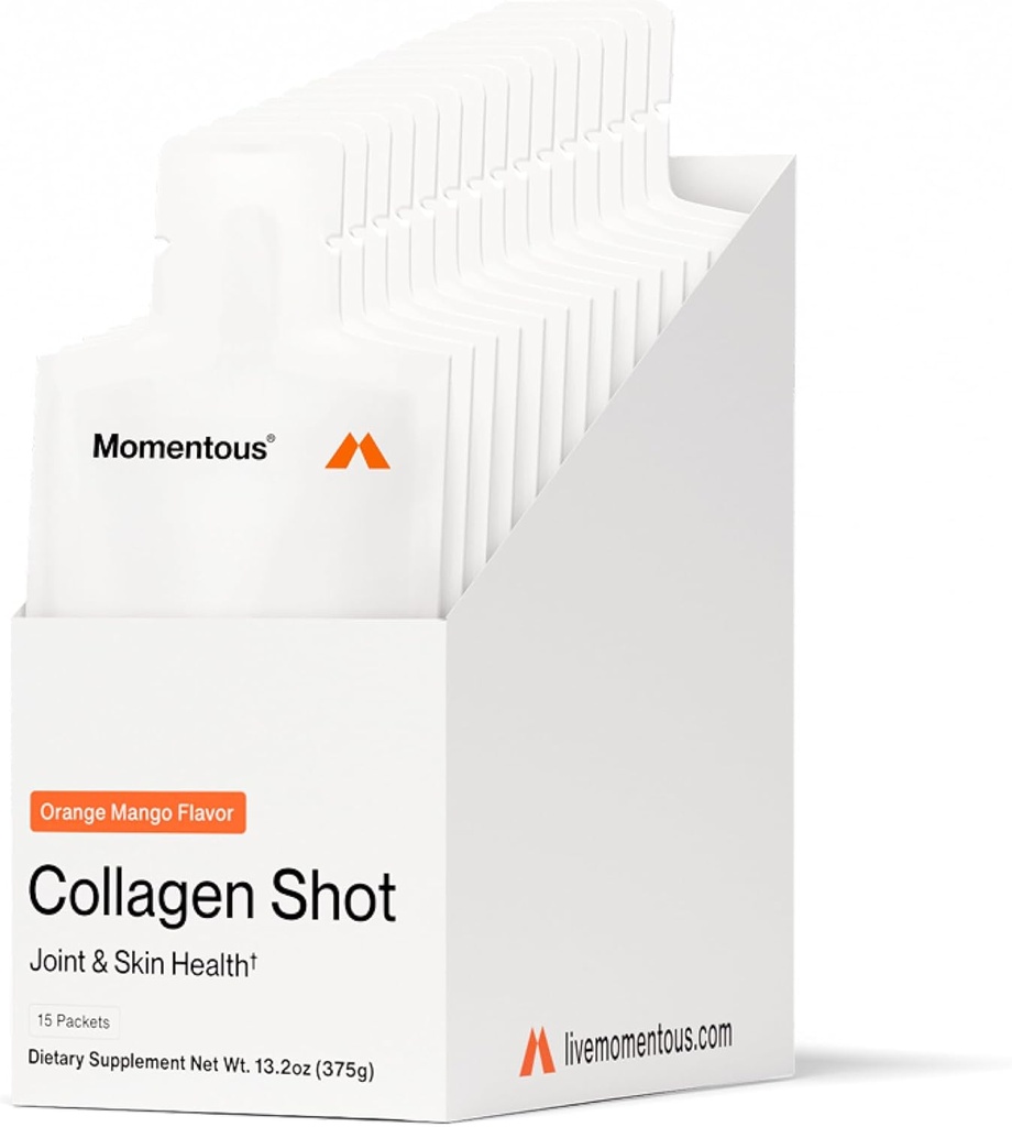 Suplemento Momentous Collagen Shot - Bovine Collagen hidrolizado &amp; Vitamina C para ayudar a la articulación, bonificación, " Salud de tejido conectivo - NSF certificado para el deporte - Mango Orange - 25g/Serving - 15 servicios