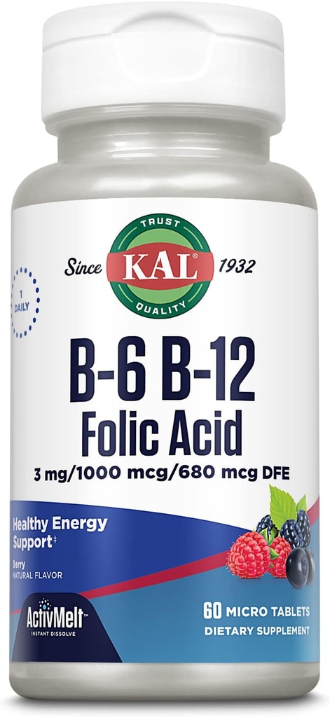 KAL Vitamina B-6, B-12 &amp; Folic Acid Supplement, Heart Health, Energy & Red Blood Cell Support*, con Vitamina B12 Methylcobalamin & Folate, Natural Berry Flavor, 60 Servings, 60 ActivMelt Micro Tablets