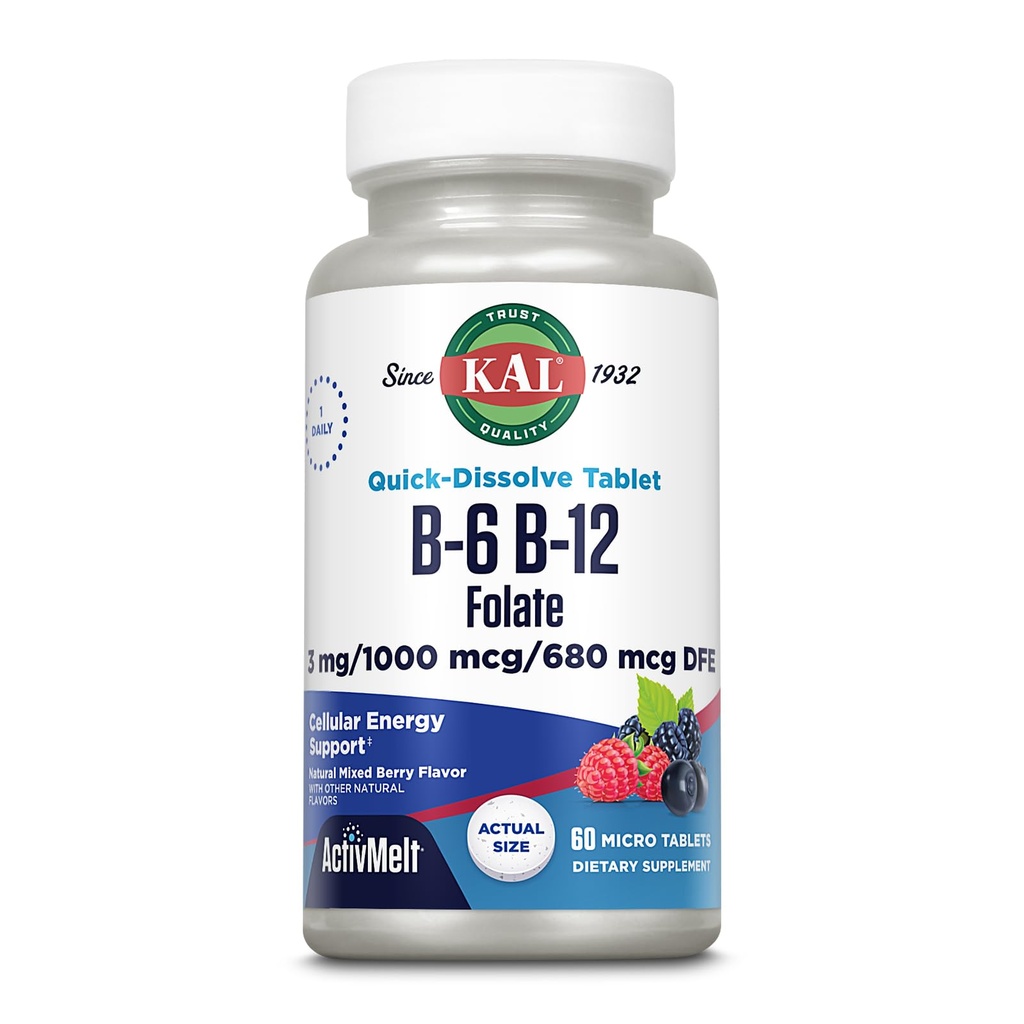 KAL Vitamina B-6, B-12 &amp; Folic Acid Supplement, Heart Health, Energy & Red Blood Cell Support*, con Vitamina B12 Methylcobalamin & Folate, Natural Berry Flavor, 60 Servings, 60 ActivMelt Micro Tablets