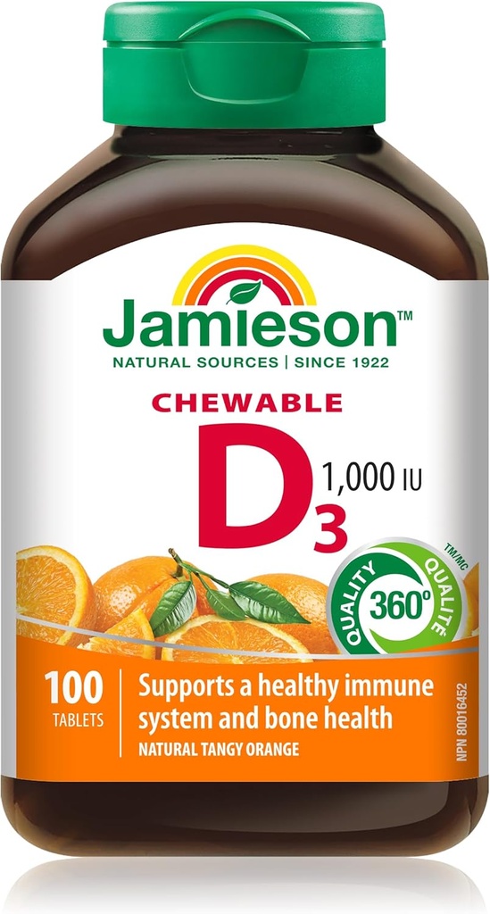 Jamieson Natural Tangy Orange Chewable Vitamina D 1000IU 100 tabletas