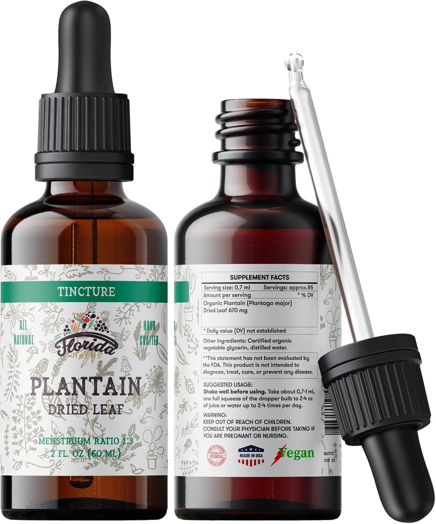 Tintura de plantaina, Extracto de plantarina orgánica (Plantago Major) Suplemento de salud de hoja seca, no transgénico en glicerina vegetal orgánica presidida 2 oz, 670 mg