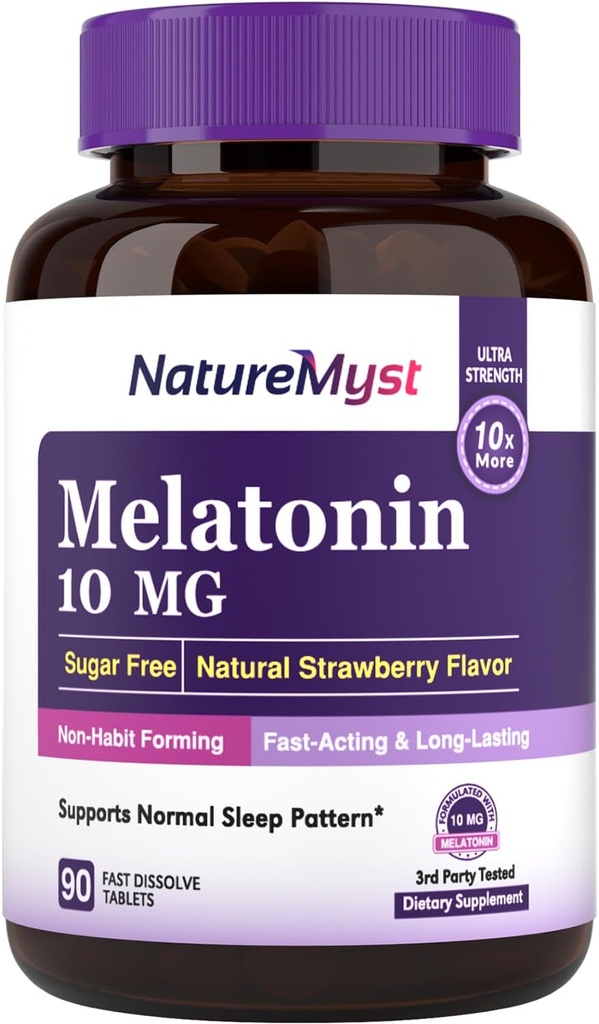 Melatonina 10 MG, Tablas rápidas de disuelve, Ultra fuerza, no-ábito formando, Apoyo para la calma del sueño, No azúcar, sabor a fresa natural, 90 Tabletas