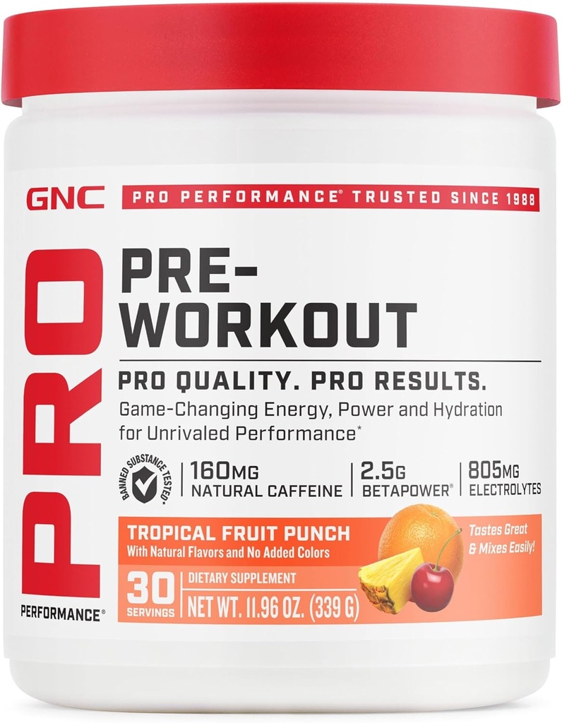 GNC Pro Performance Pre Workout Powder para Hombres y Mujeres, Energía, Hidratación, Focus, Sugar Free, Gluten Free, Performance Supplement, Tropical Fruit Punch, 30 Servings