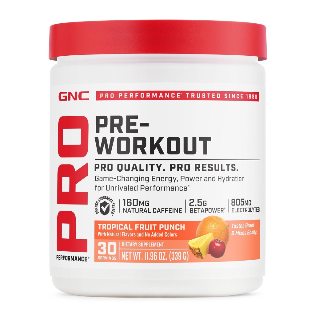 GNC Pro Performance Pre Workout Powder para Hombres y Mujeres, Energía, Hidratación, Focus, Sugar Free, Gluten Free, Performance Supplement, Tropical Fruit Punch, 30 Servings