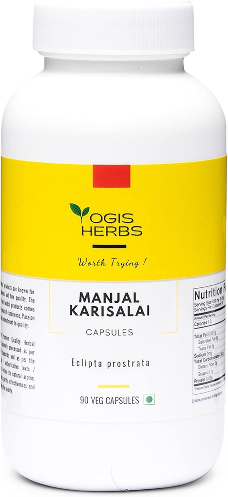YOGIS HERBS Manjal Karisal Capsules - Bhringraj Capsules (False Daisy, Eclipta alba) Suplemento Herbal– 90 cápsulas Veg