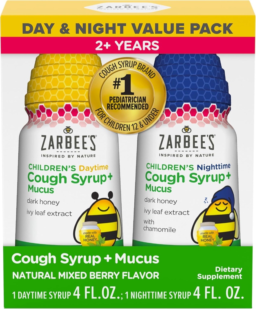 Zarbee's Children’s Honey Cough Syrup + Mucus Day & Night Value Pack, Daytime & Nighttime Toddler Cough Syrup, Dark Honey, Ivy Leaf Extract, Chamomile, Mixed Berry Flavor, 2X 4 Fl Oz