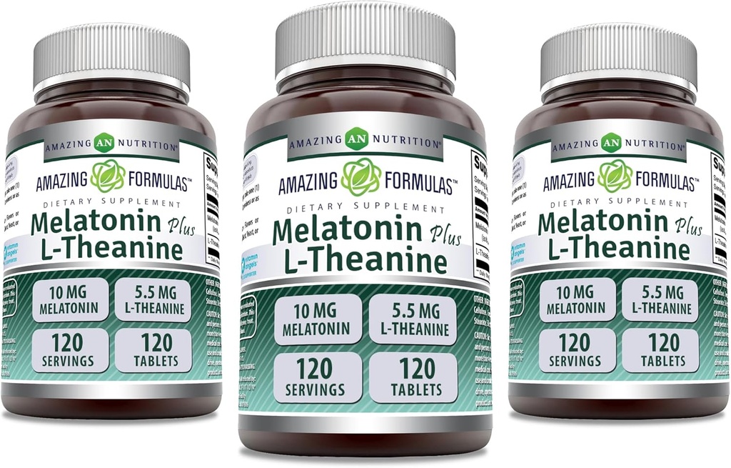 Amazing Fórmulas Melatonin 10 Mg Plus L-Theanine 5.5 Mg Suplemento Silencio 120 Tablets ← No-GMO TEN Gluten Free TEN Made in USA ← Pack of 3