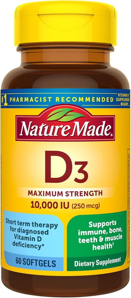 Nature Made Vitamin D3 10000 IU (250 mcg) Maximum Strength, Vitamin D Supplement for Bone and Immune Health Support, 60 Softgels, 60 Day Supply
