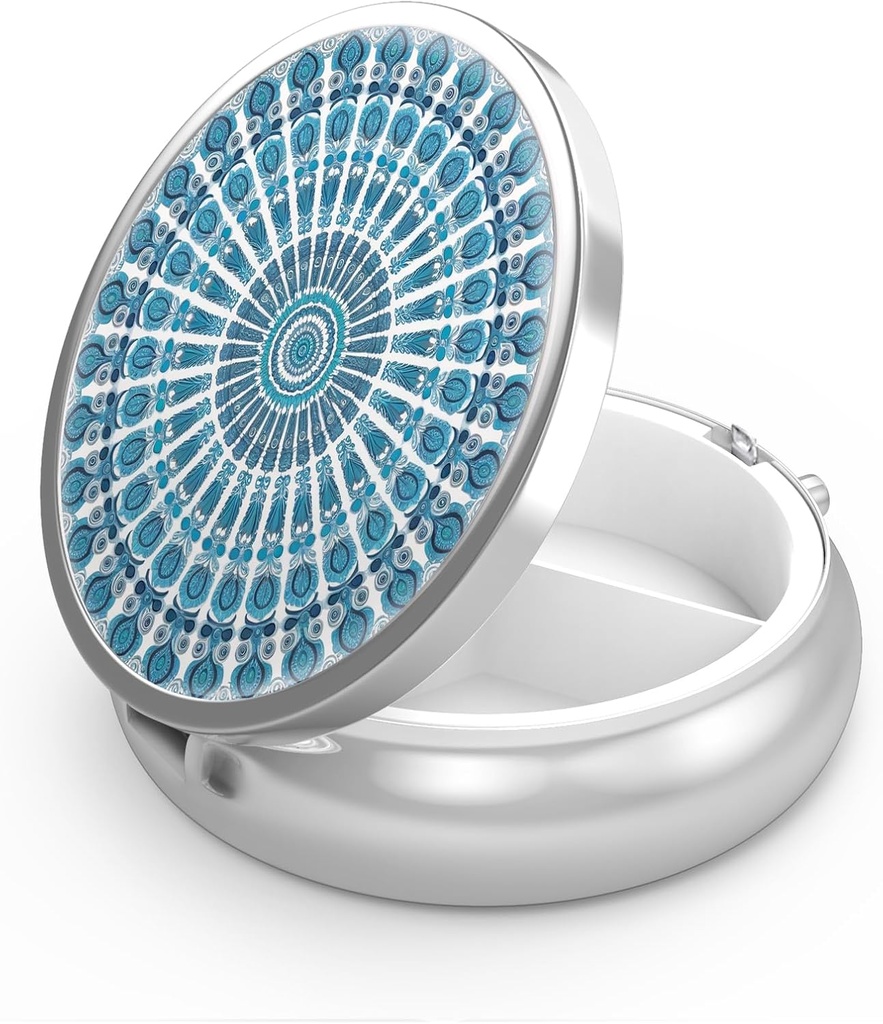 Pill Box 3 Compartment Small Pill Case,Portable for Pocket or Purse Pill Organizer Pill Container Holder to Hold Vitamins, Medication, Fish Oil and Supplements (Peacock Sky Blue)