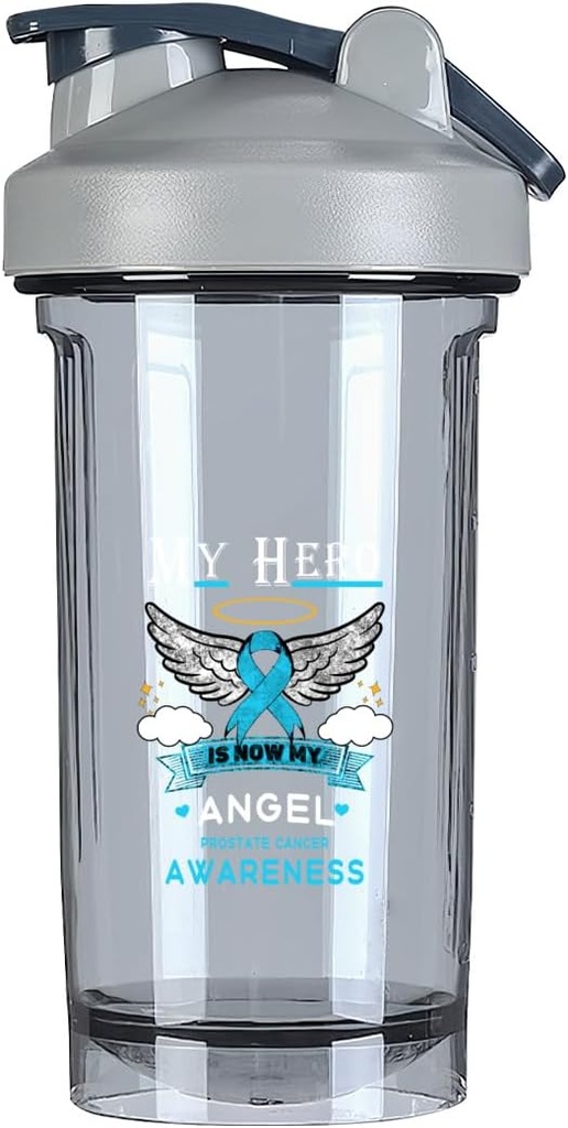 Mi héroe es ahora My Angel Prostate Cancer Conciencia 18 onzas Shaker Bottle Drink Mixer Leak-proof Pre Workout Protein Shakes Meal Replacement Shakes Bottles 500ML/18 Oz Gray