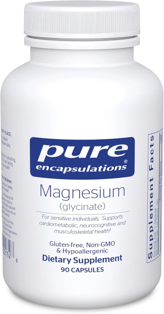 Encapsulaciones puras Magnesio (Glycinate) - Suplemento de Apoyo Alivio del Estrés, Dormir, Salud del Corazón, Nervios, Musculos y Metabolismo* - con Magnesio Glycinate - 90 cápsulas