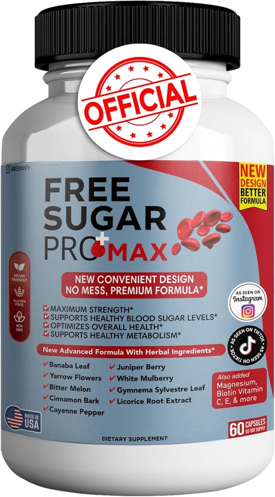 Free Sugar Pro Max All Natural Formula to Maintain Healthy Levels, Maximum Strength Daily Formula, Blood Sugar Health Reviews (1 Pack - 60 cápsulas)