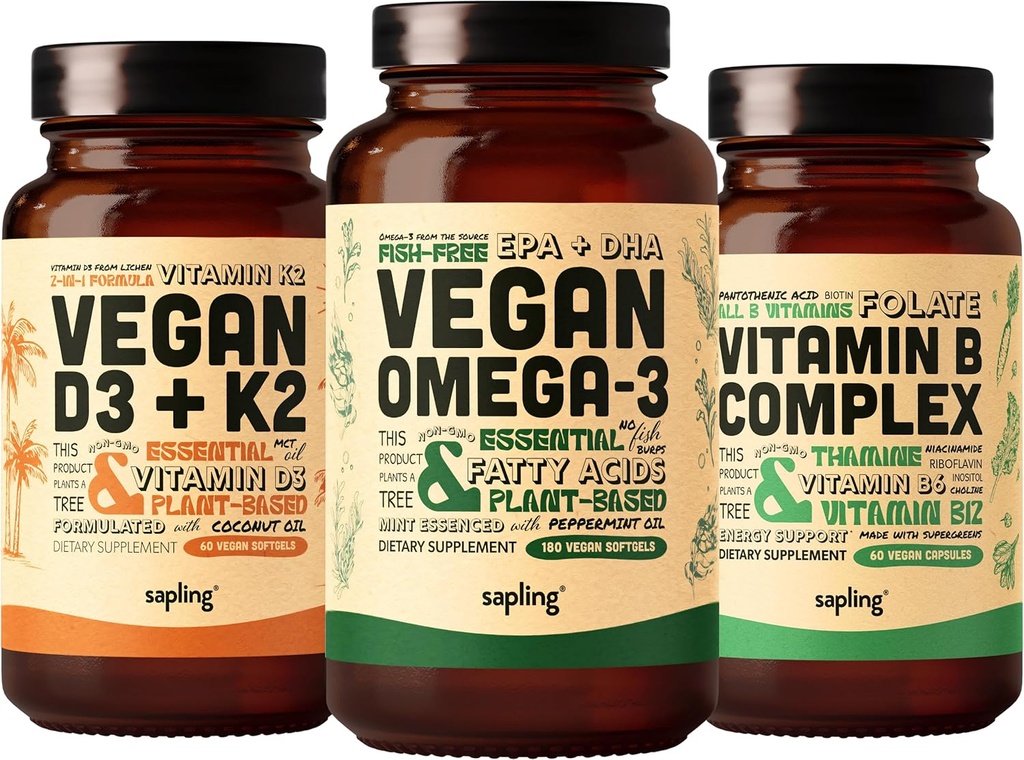 Vegan Omega 3 180 Softgels & Vegan D3 + K2 & Vitamina B Complex Bundle - Planta base DHA &amp; EPA ácidos grasos, 4000 UI Vitamina D3 y 100mcg Vitamina K2, Vitaminas B esenciales