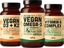 Vegan Omega 3 180 Softgels & Vegan D3 + K2 & Vitamina B Complex Bundle - Planta base DHA &amp; EPA ácidos grasos, 4000 UI Vitamina D3 y 100mcg Vitamina K2, Vitaminas B esenciales