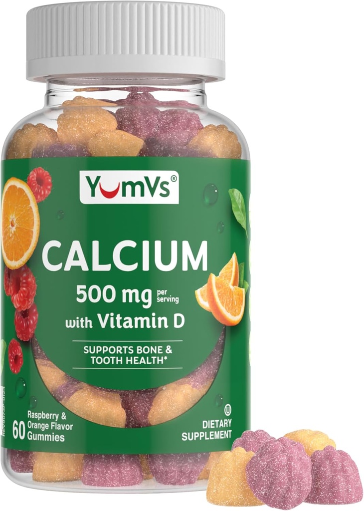 YumVs Calcio 500 mg con Vitamina D3 - Raspberry & Orange Flavor Calcio Vitamina D Gummies, Suplemento de Calcio Chewable para Adultos Infantiles, Vitamina D Calcio Gummies, Kosher Halal Gluten Gratis (60 Cuenta)