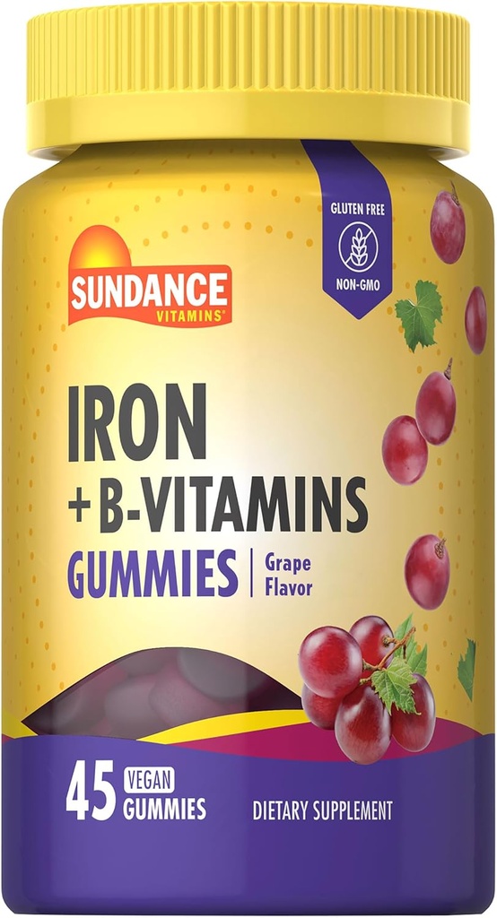 Sundance Iron Gummies Silencio Plus B-Vitamins ← 45 Vegan Gummies ← Grape Flavor ← Vegan, Non-GMO, y Gluten Free Supplement