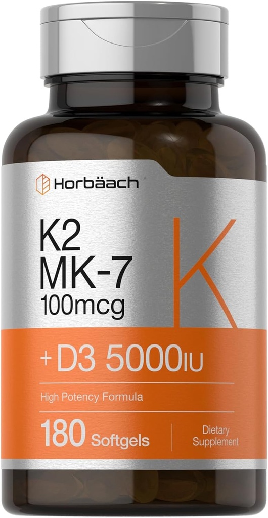 Horbäach Vitamina D3 K2 5000 iu Silencio 100mcg Complejo MK-7  180 Softgel Capsules ← Non-GMO &amp; Gluten Free Supplement