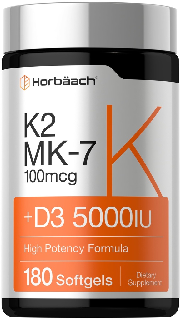 Horbäach Vitamina D3 K2 5000 iu Silencio 100mcg Complejo MK-7  180 Softgel Capsules ← Non-GMO &amp; Gluten Free Supplement