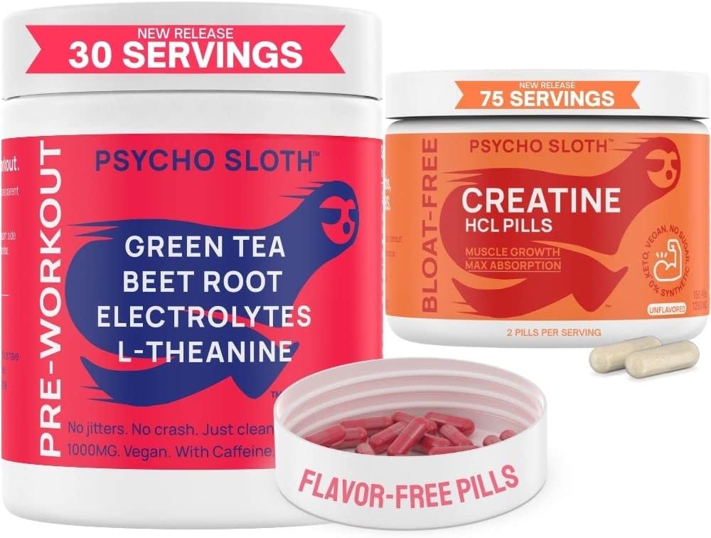 Pre Workout Pills and Creatine HCL Pills Bundle - Endless Energy, Muscle Growth, Endurance, Pump, No Crash, No Jitters, No Bloat ← 30 Pre Workout Servings, 75 Creatine HCL Servings for Women and Men