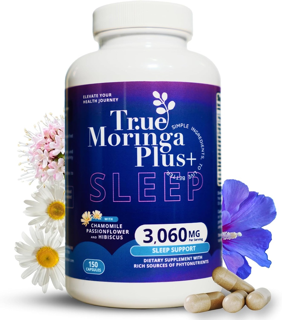 True Moringa Plus+ Apoyo al sueño Suplemento 10:1 Extracto Silencioso 20,000 mg de Moringa orgánica, manzanilla, flor de pasión, raíz de Valerian, Hibiscus for Relaxation ← Ayuda natural del sueño para adultos (150 cápsulas)
