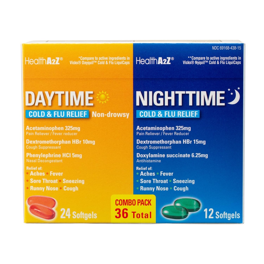 HealthA2Z® Daytime and Nighttime | Cold & Flu Medicine | Powerful Multi-Symptom Relief (24 Daytime & 12 Nighttime Softgels) (Combo (36 Count Pack of 1))