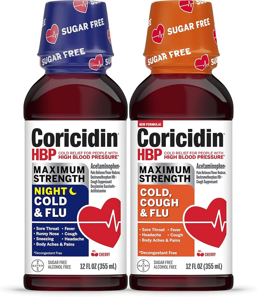 Coricidin HBP Maximum Strength Cold " Flu Day " Night Sugar-Free Twinpack, Decongestant-Free Cold Medicine for Adults with High Blood Pressure -12 Fl Oz (Pack of 2)