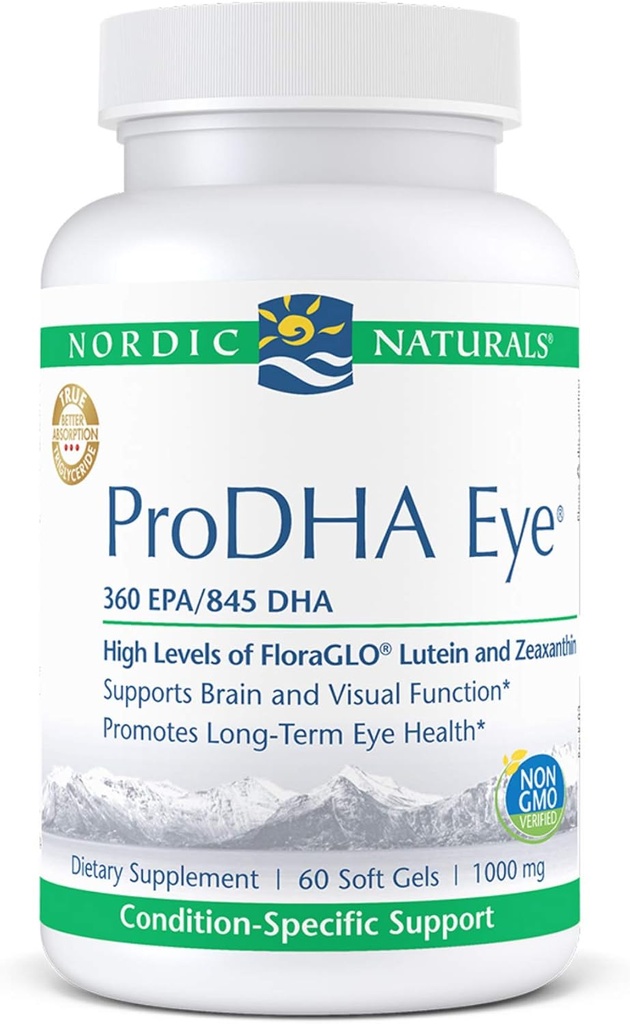 Nordic Naturals ProDHA Eye - Fish Oil, 360 mg EPA, 845 mg DHA, 20 mg FloraGLO Lutein, 4 mg Zeaxanthin, Apoyo a la función neurológica y la salud ocular a largo plazo*, 60 geles blandos