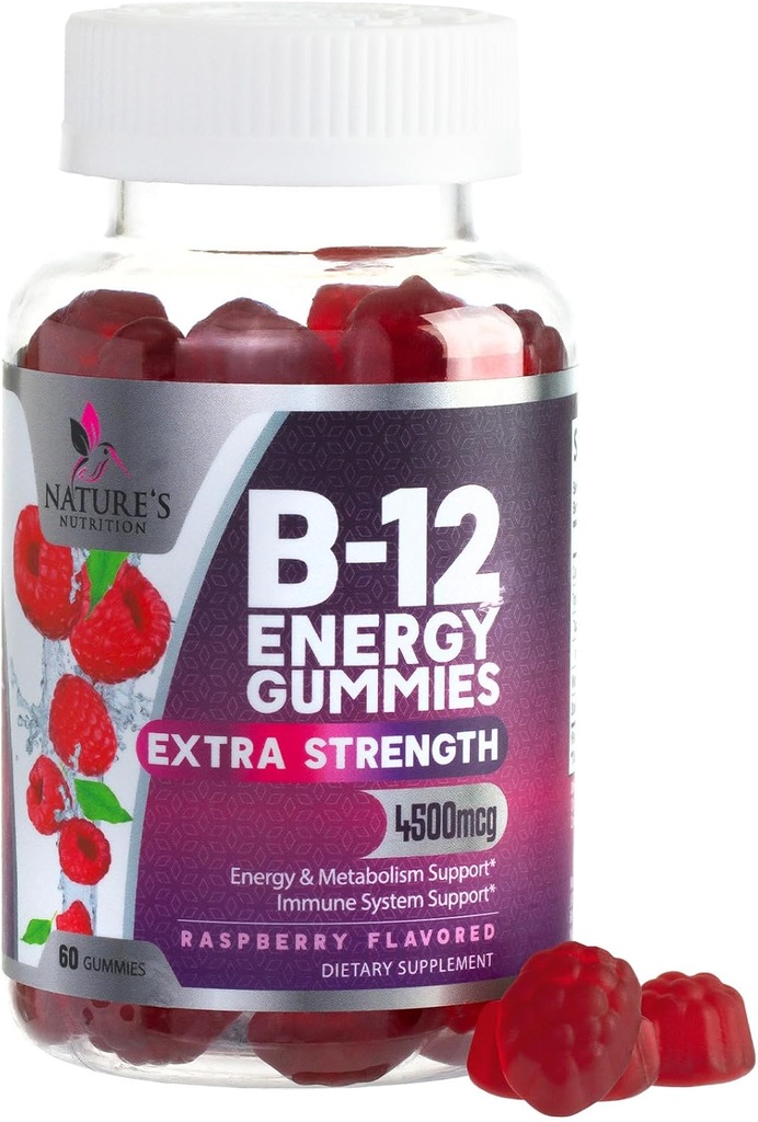 B-12 Vitamin Energy Gummies 4500mcg - Extra Strength B12 Gummy Chewables for Energy Metabolism & Immune Support - Dietary Supplement for Women, Men, & Kids - Non-GMO, Vegan, Berry Flavor - 60 Count