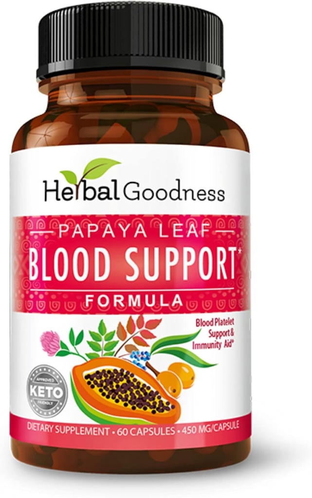 Herbal Goodness Papaya Leaf Blood Support Capsules - Platelet & Bone Marrow Health, Immunity Support &amp; Blood Cleanse - 60/450mg Veggie Capsules (1 Bottle)