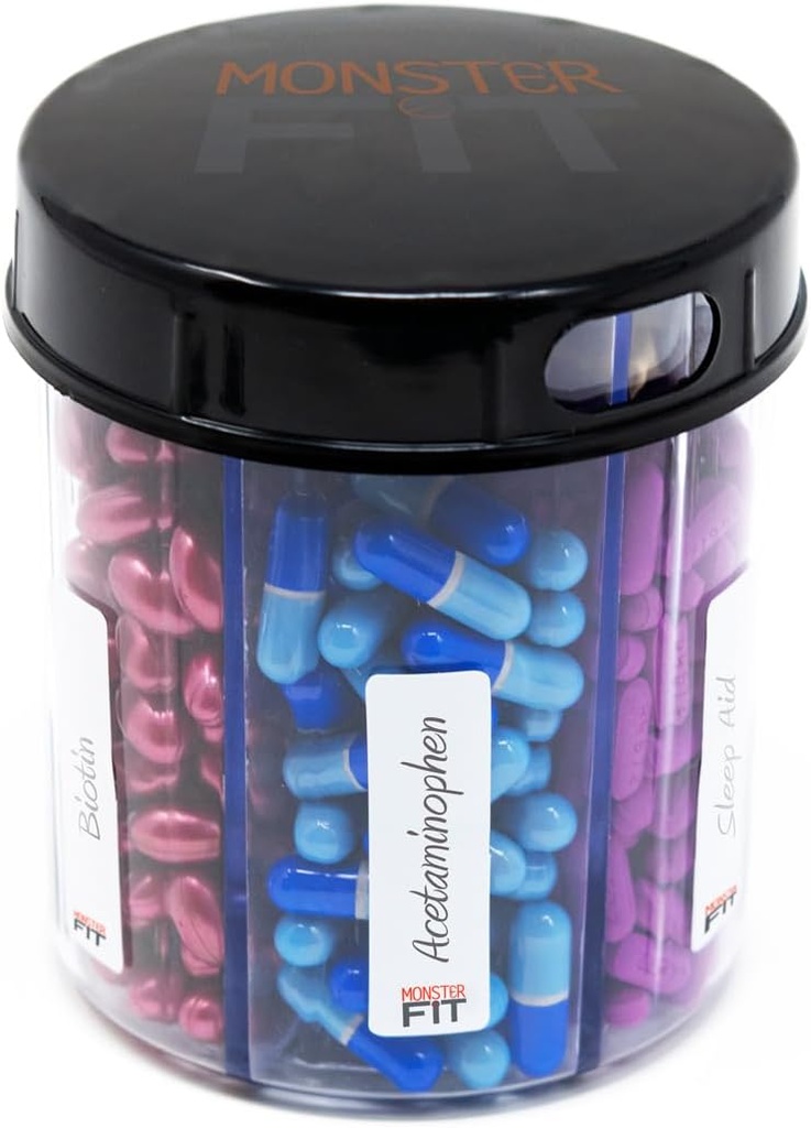 Dispensador de píldoras suplementarias, 6 Compartimiento, Etiquetas, Easy Open, Anti-Mixing, Organizador de vitaminas mensuales, Monster Fit Jr Medication Holder (Clear, Small)