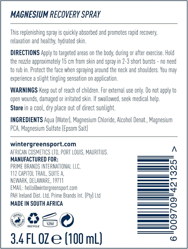 Wintergreen Magnesium Body Spray, 3.4 fl oz – Fast-Absorbing Recovery Mist for Pain Relief, Cramping, and Muscle Recovery, Non-Greasy Formula for Post-Exercise or Sports