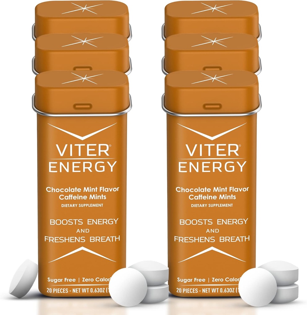 Viter Energy Caffeinated Mints 40mg Caffeine, B Vitaminas, Sugar Gratis. (Chocolate Mint, 20pcs, 6 Pack)