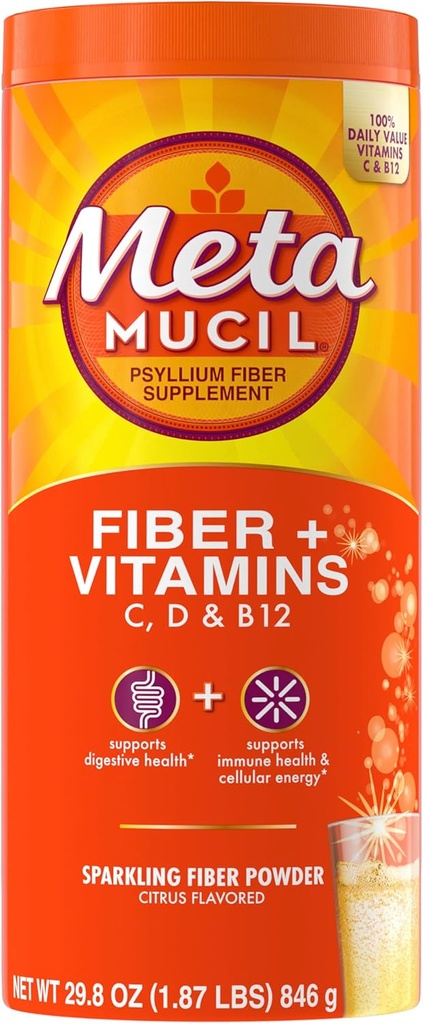 Metamucil Sparkling Fiber Suplemento + Vitaminas, Psyllium Husk Powder con vitaminas C, D &amp; B12, Suplemento diario de fibra para la salud digestiva, Citrus Flavored, Libre de azúcar, 90 Servings