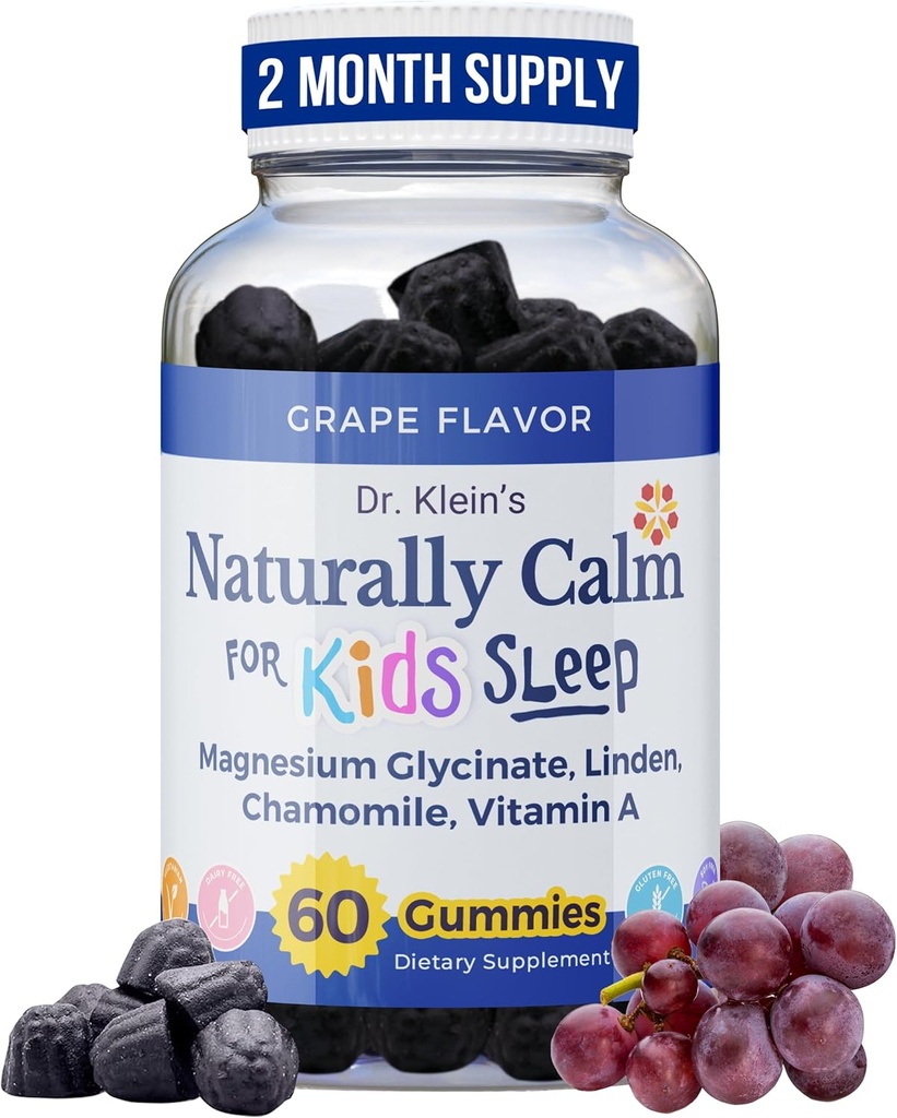 Las Gummies Naturalmente Calmas del Dr. Klein para Niños - con Magnesium Glycinate, Linden &amp; Vitamina A para calmar a los niños Edades 5+ - Vitaminas para ayudar a dormir - manzanillas de manzanilla - Chews Calma - Grape Sugar-Free 60ct