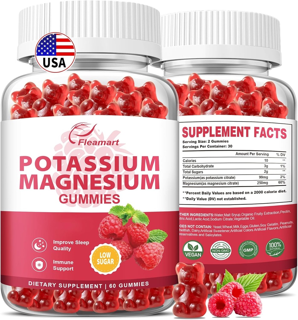 Potassium Magnesium Gummies Potassium Citrate 99mg Magnesium Citrate 250mg Magnesium Potassium Complex Supplement, Immune Support, 60 Raspberry Gummies 2 Pack