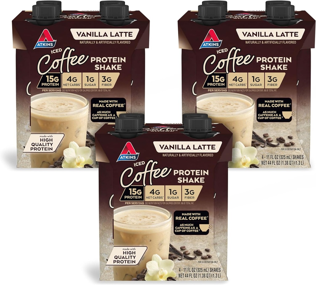 Atkins Iced Coffee Vanilla Latte Protein Shake, 15g Protein, Low Glycemic, 4g Net Carb, 1g Sugar, Keto Friendly, 12 paquetes de 11 fl Oz