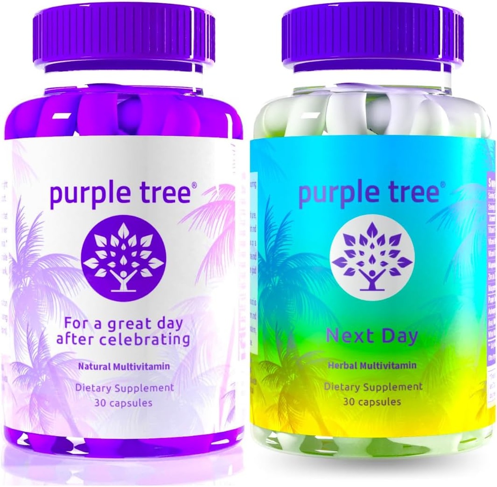 árbol morado Celebrar + Bundle del día siguiente ← Pos-Celebración Wellness Vitamin Combo, Soporte para hígado &amp; Replenisher corporal